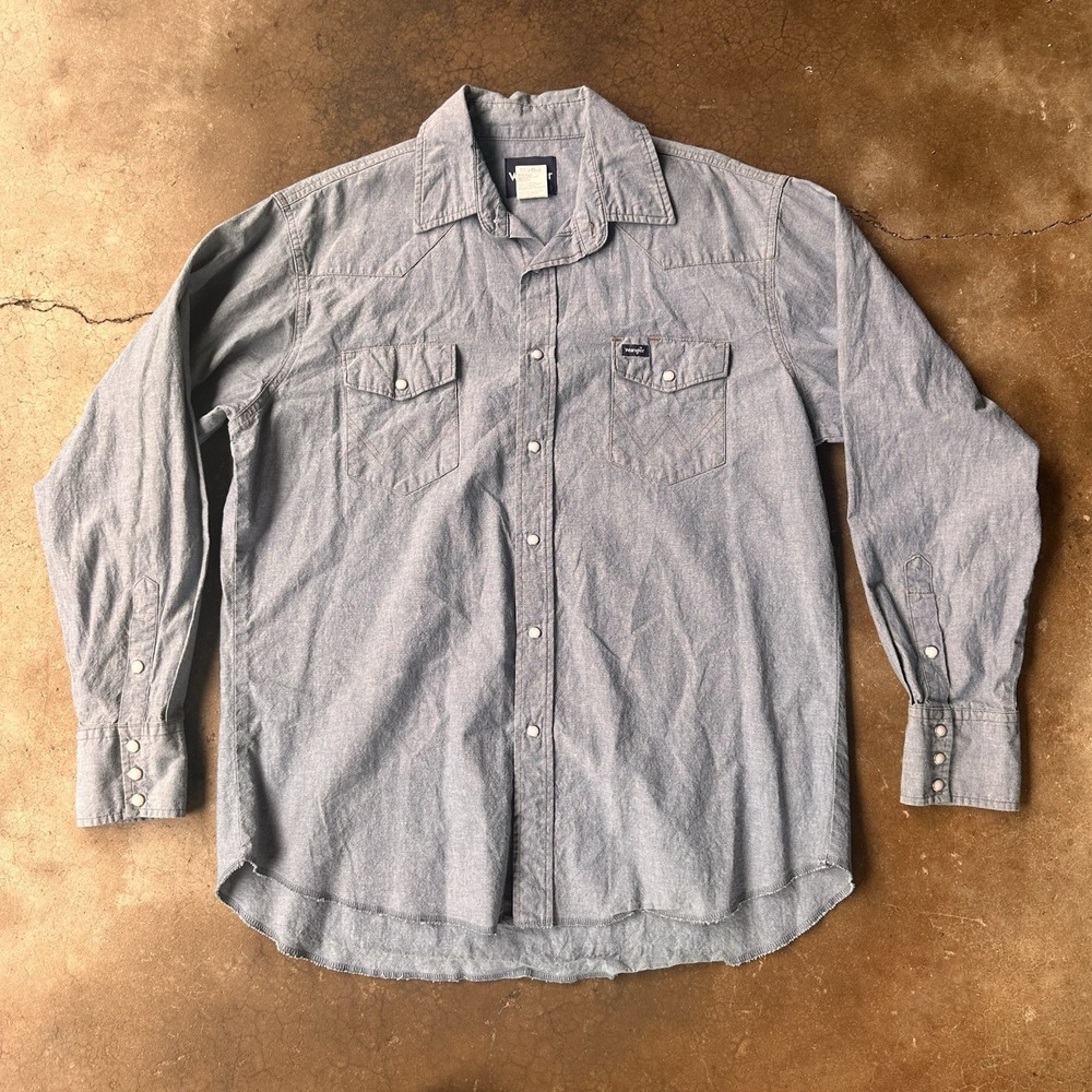 Wrangler Denim Pearl Snap Shirt Mens XL Blue Long Sleeve Western Cowboy Workwear